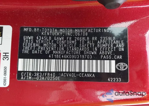 2009 Toyota Camry Le z USA, uszkodzony, nr VIN 4T1BE46K09U319703